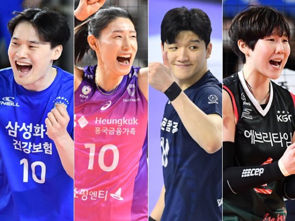 삼성화재 김정호, 흥국생명 김연경, 대한항공 정지석, KGC인삼공사 이소영(왼쪽부터). 사진제공 | KOVO
