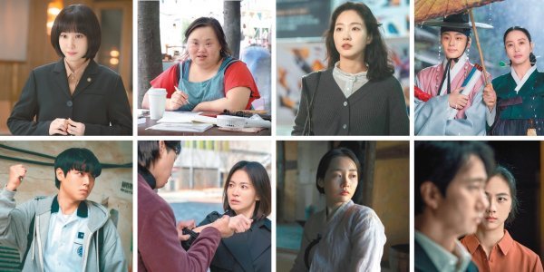 올해 방송가와 스크린에서는 비주류로 치부되던 ‘약자’들의 이야기가 주목 받았다. ENA ‘이상한 변호사 우영우’와 영화 ‘니얼굴’은 발달장애인을 다뤘으며 여성 서사를 쓴 tvN ‘작은 아씨들’이 인기를 얻었다. tvN ‘슈룹’은 성소수자를 등장시켰다. 각각 이주민과 학교 폭력 피해자를 내세운 ‘헤어질 결심’과 애플TV+ ‘파친코’, 넷플릭스 ‘더 글로리’와 웨이브 ‘약한영웅 Class 1’도 눈길을 끌었다. (왼쪽 위부터 시계방향으로) 사진제공|각 방송사