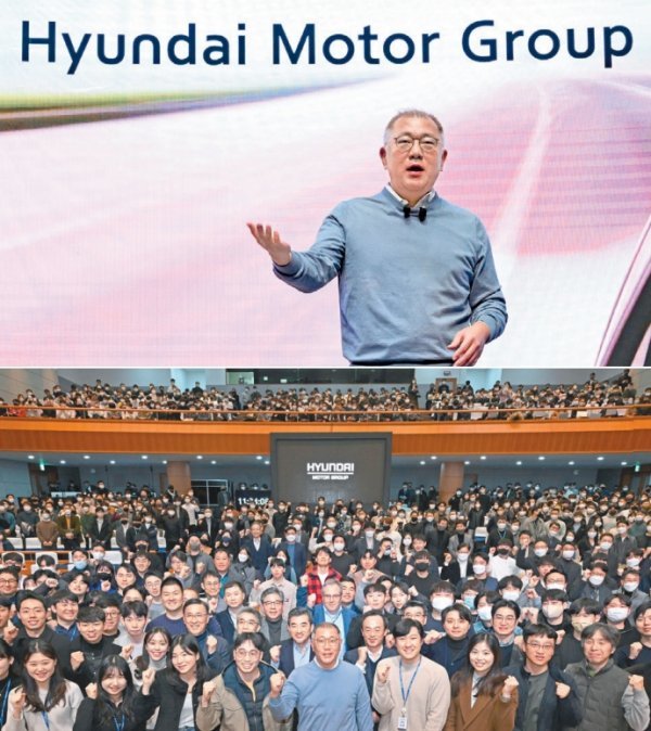 현대자동차그룹은 3일 현대차·기아 남양연구소에서 타운홀 미팅 방식의 신년회를 개최했다. 정의선 현대차그룹 회장은 새해 메시지에서 “2023년을 도전을 통한 신뢰와 변화를 통한 도약의 한 해로 삼아, 어려운 환경을 극복하고 보다 나은 미래를 향해 함께 나아가려 한다”고 밝혔다. 아래 사진은 신년회 자리에서정의선 현대차그룹 회장과 경영진이 임직원들과 기념촬영을 하고 있는 모습. 사진제공|현대차
