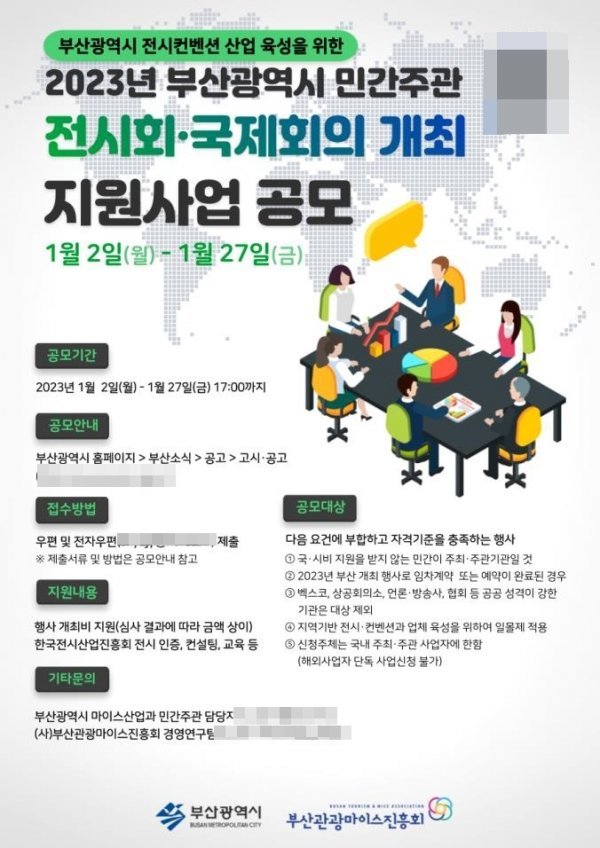 ‘2023년 부산시 민간주관 전시회·국제회의 개최 지원사업’ 공모 포스터. 사진제공 | 부산시