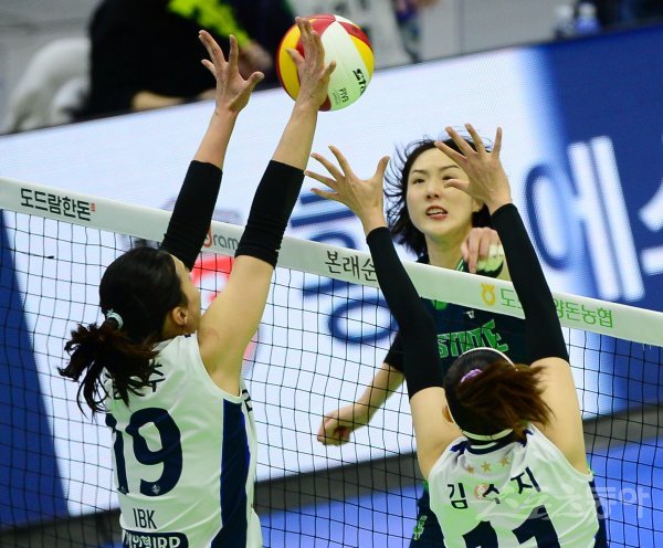 현대건설이 다시 연승 분위기를 탔다. 4일 수원체육관에서 열린 IBK기업은행과 홈경기에선 속전속결로 셧아웃 승리를 챙겼다. 단 73분밖에 걸리지 않았다. 기업은행 블로커들 사이로 스파이크를 시도하는 흥국생명 황연주(오른쪽). 수원 ｜ 주현희 기자 teth1147@donga.com