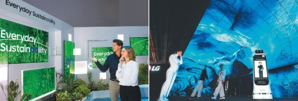 170여 개국, 3100여 개의 기업이 참가하는 CES가 5일(현지시간) 막을 올렸다. 국내에서도 500여 개가 넘는 기업이 참가해 미래 기술을 선보인다. 삼성전자 전시장의 지속가능성존(왼쪽)과 LG전자 전시관 입구 초대형 조형물 ‘올레드 지평선’. 사진제공 l 삼성전자·LG전자