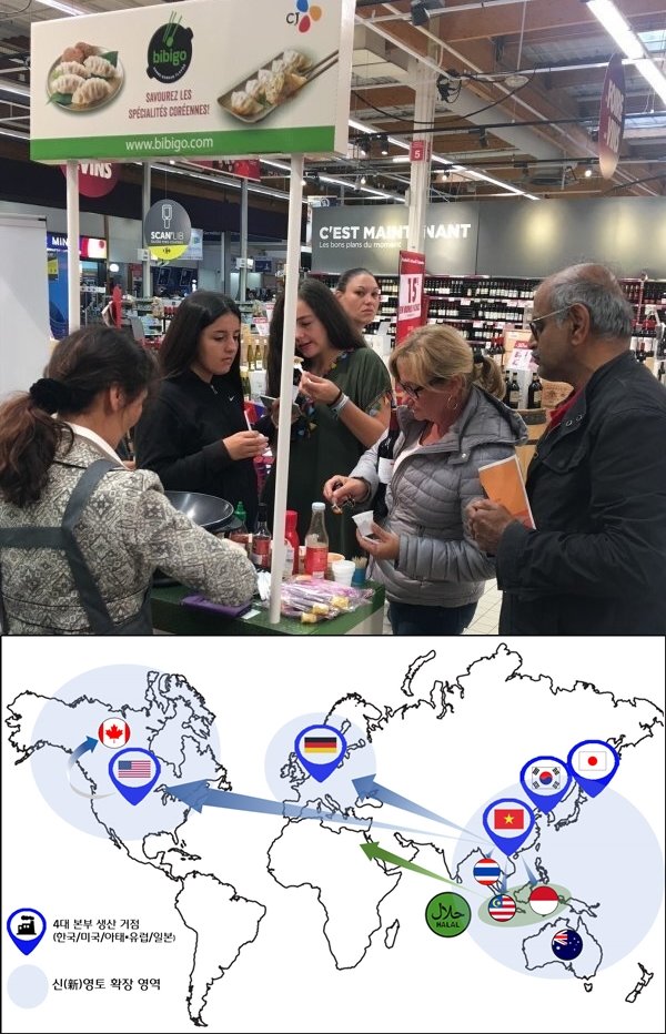CJ제일제당이 K푸드의 글로벌 영토 확장에 박차를 가한다. 프랑스의 한 대형마트에서 열린 비비고 만두 시식행사(위)와 K푸드 글로벌 영토 확장 로드맵. 사진제공｜CJ제일제당