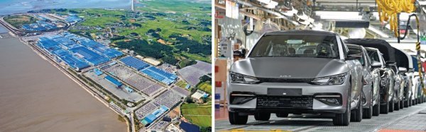 노사가 목적기반차량(PBV) 전기차 공장 건설을 놓고 장기간 반목했던 경기도 화성 기아 오토랜드(왼쪽)과 오토랜드에서 운영하는 전기차 EV6 생산라인. 최근 기아 노사는 그동안 쟁점 사안이던 전기차 생산 규모에 합의하면서 26년 만에 국내에 새 공장을 짓게 됐다. 사진제공|기아차