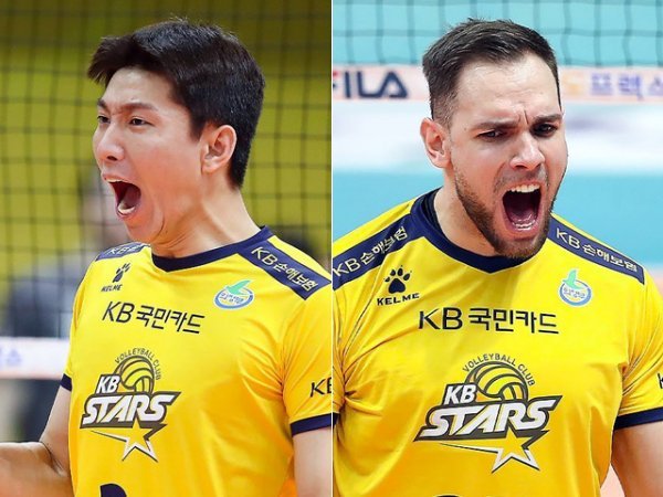 KB손해보험 황택의(왼쪽)와 비예나. 사진제공 | KB손해보험 배구단
