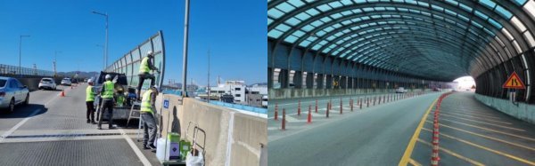 동명고가교 도로시설물 정비(왼쪽), 남항대교 방음벽 물청소(오른쪽). 사진제공ㅣ부산시