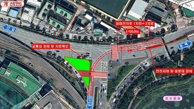 용인 기흥구 중동 호수공원삼거리 상습정체 해소를 위해 좌회전 차로 2개로 늘린다. 사진제공｜용인시