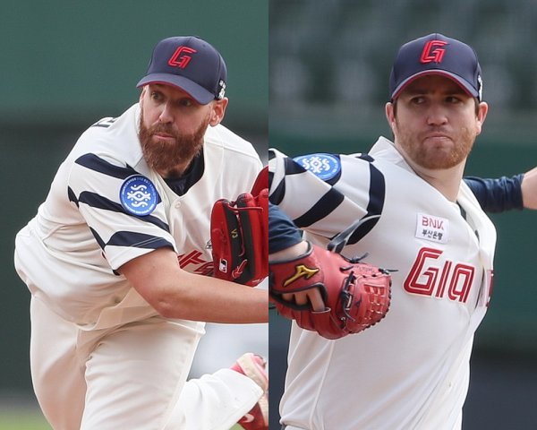 롯데 외국인투수 댄 스트레일리(왼쪽)와 찰리 반즈가 시즌 초 나란히 부진을 거듭해 우려를 사고 있다. 스트레일리는 떨어진 구속과 탈삼진율을 끌어올릴 방법을 찾아야 한다. 반즈에게는 지난해 구위를 되찾는 일이 시급하다. 사진제공 | 롯데 자이언츠