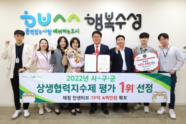 수성구청이 대구시가 실시한 ‘2022년 市-구·군 상생협력지수제’ 평가에서 1위를 수상하고 기념 촬영하고 있다. 사진제공ㅣ수성구청