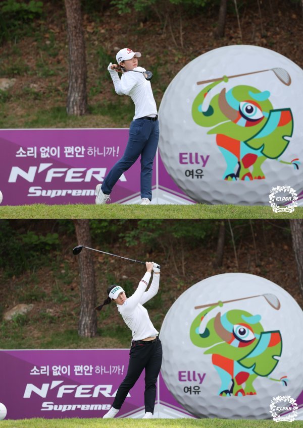 ‘넥센·세인트나인 마스터즈 2023’ 1라운드 11번 홀에서 티샷을 하고 있는 황유민(위)·‘넥센·세인트나인 마스터즈 2023’ 1라운드 11번 홀에서 티샷을 하고 있는 김민별. 사진제공 | KLPGA