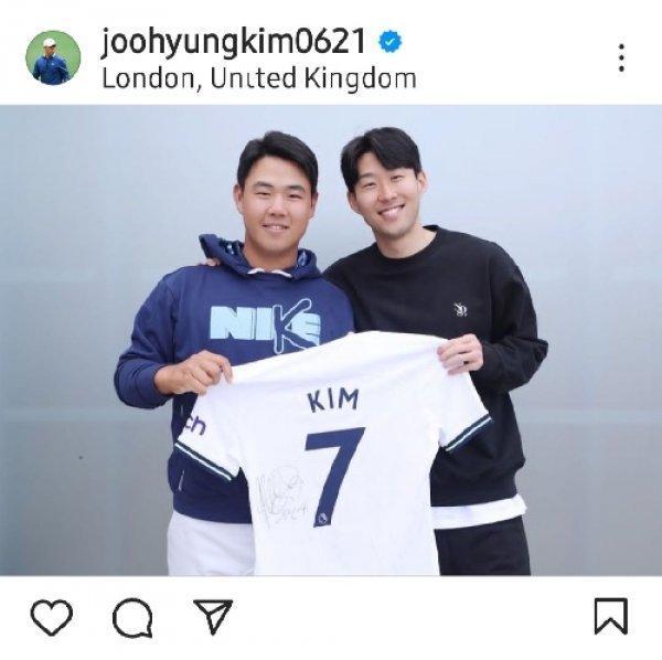 골프만큼 축구에 진심인 김주형이 17일 자신의 SNS를 통해 ‘버킷리스트’인 손흥민과 만난 사진을 공개했다. 사진출처 | 김주형 인스타그램