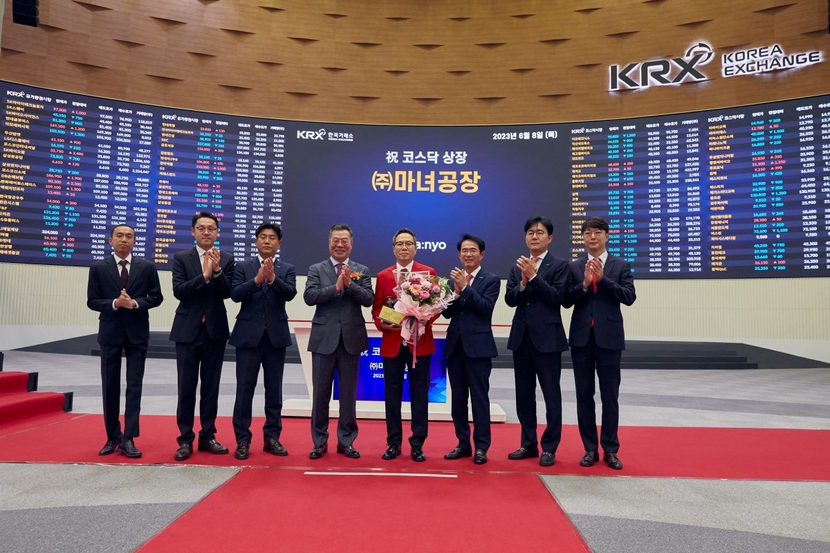 8일 코스닥시장에 신규 입성한 마녀공장이 따상에 성공했다. 이날 오전 서울 여의도 한국거래소에서 열린 마녀공장 코스닥시장 상장기념식에서 기념 촬영을 하고 있는 유근직 마녀공장 대표(오른쪽에서 네 번째). 사진제공|마녀공장
