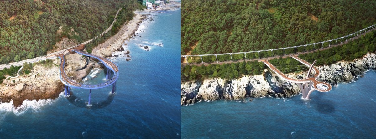 청사포 다릿돌전망대 조감도(왼쪽), 해월전망대 조감도(오른쪽). 사진제공ㅣ부산 해운대구