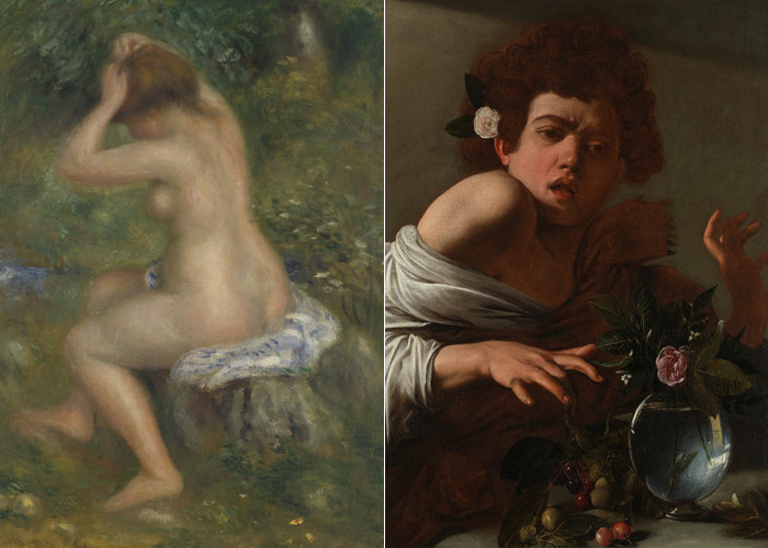 피에르 오귀스트 르누아르, 〈목욕하는 사람〉, 1885-90년경, 캔버스에 유화(왼쪽), 카라바조, 〈도마뱀에 물린 소년〉, 1594-95년경, 캔버스에 유화