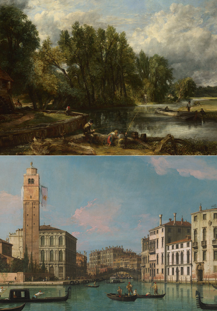 존 컨스터블, 〈스트랫퍼드의 종이공장〉, 1820, 캔버스에 유화(위), 카날레토, 〈베네치아 카나레조 입구〉, 1734-42년경