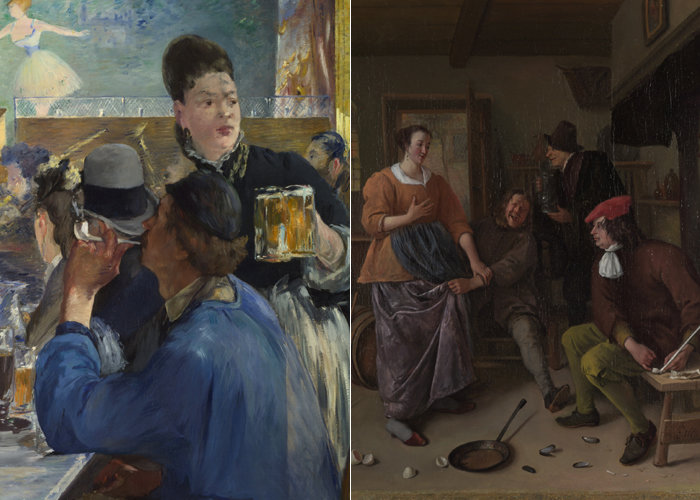 에두아르 마네, 〈카페 콩세르의 한구석〉 (왼쪽), 얀 스테인, 〈여관 (깨진 달걀)〉, 1665-70년경