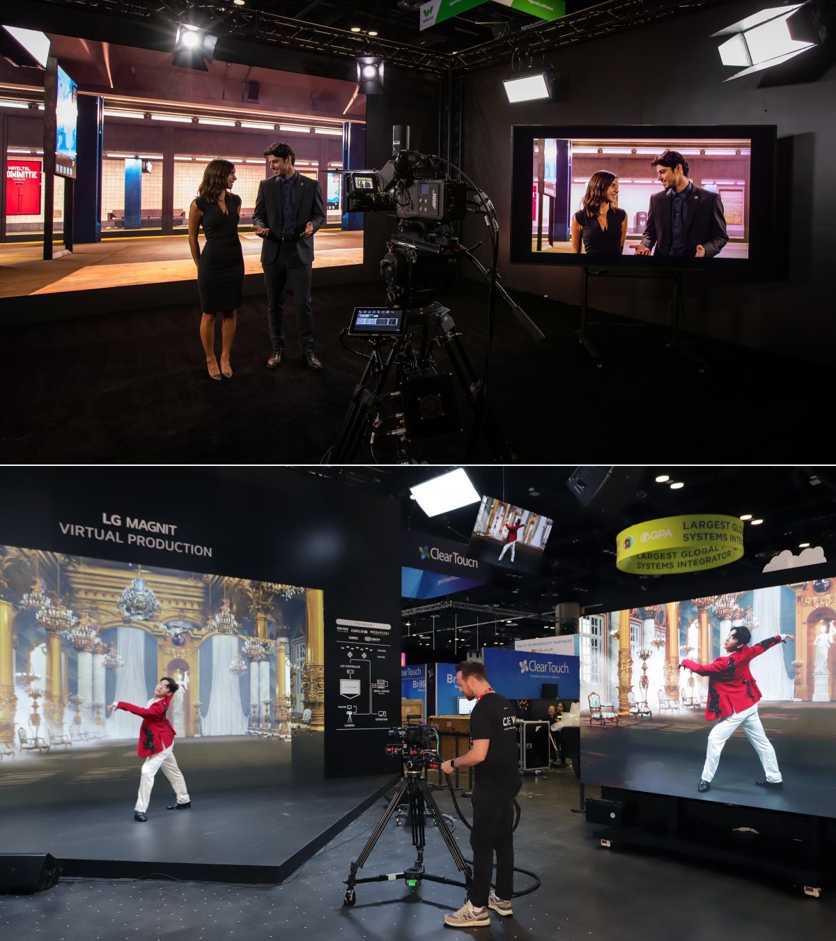 버추얼 프로덕션 스튜디오에 최적화 된 삼성전자 ‘더 월 포 버추얼 프로덕션’(위)과 LG전자 ‘LG 매그니트’. 사진제공|삼성전자·LG전자