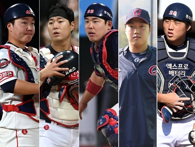 롯데 정보근·강태율·지시완·서동욱·손성빈(왼쪽부터). 사진 | 스포츠동아DB, 롯데 자이언츠