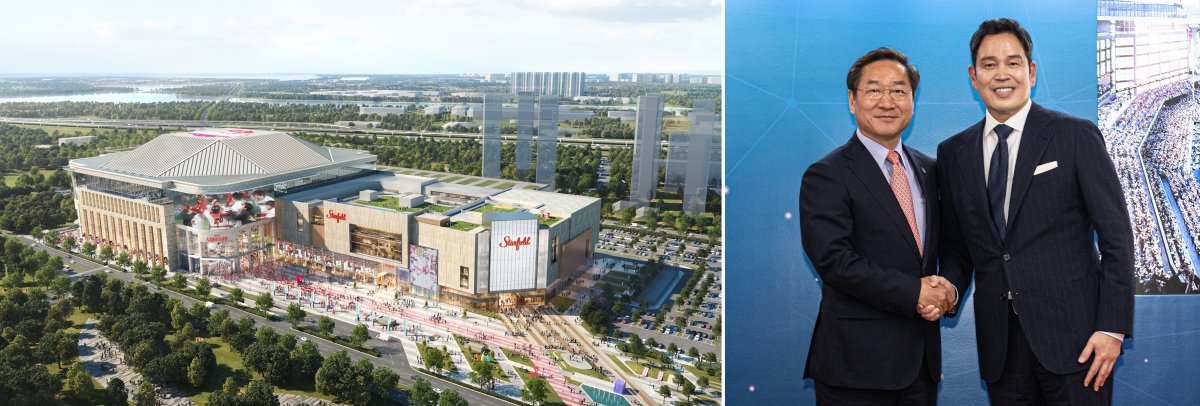 신세계가 멀티스타디움(돔구장)과 복합쇼핑몰을 결합한 ‘스타필드 청라’의 청사진을 발표했다. 2027년 말 준공을 목표로 하는
스타필드 청라 조감도(왼쪽 사진). ‘스타필드 청라 비전선포식’ 후 기념 촬영을 하고 있는 유정복 인천광역시장(오른쪽 사진
왼쪽)과 정용진 신세계 부회장. 사진제공|인천시·신세계