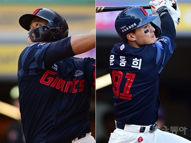 한동희(왼쪽)와 윤동희가 18일 인천 SSG전에서 5안타 3타점을 합작하며 롯데의 7-2 승리와 4연패 탈출을 이끌었다. 한동희는 1개, 윤동희는 2개의 2루타로 팀의 장타도 책임졌다. 인천 | 주현희 기자 teth1147@donga.com