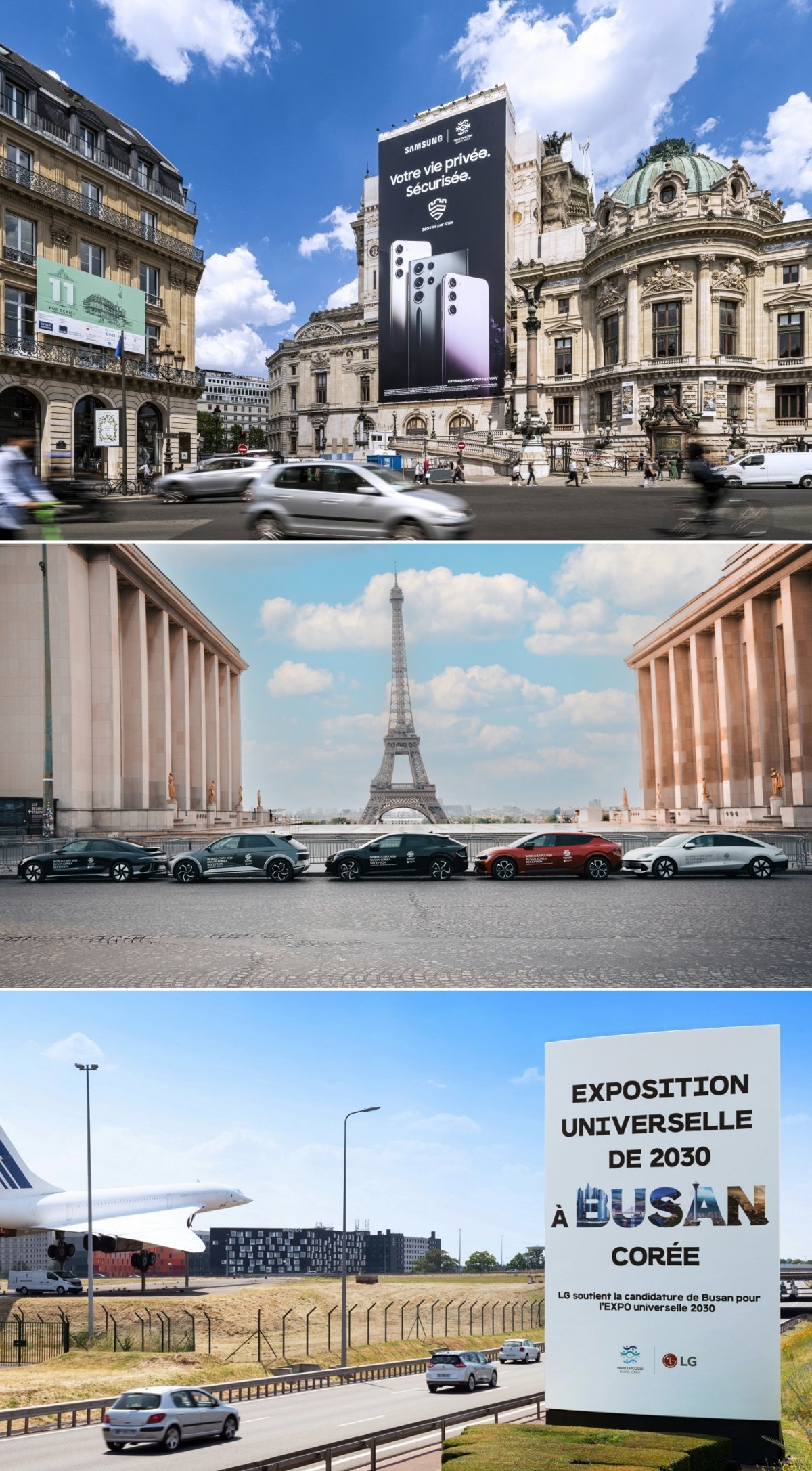 국내 주요 기업들이 부산엑스포 유치의 최대 분수령인 국제박람회기구(BIE) 총회가 열린 프랑스 파리에서 홍보전에 나섰다. 파리의 
오페라 극장 ‘오페라 가르니에’ 외벽의 삼성전자 갤럭시 광고, ‘부산’ 로고를 랩핑한 현대자동차 전기차, 샤를드골 국제공항 인근의
 대형 LG 광고(위부터). 사진제공｜삼성전자·현대자동차그룹·LG