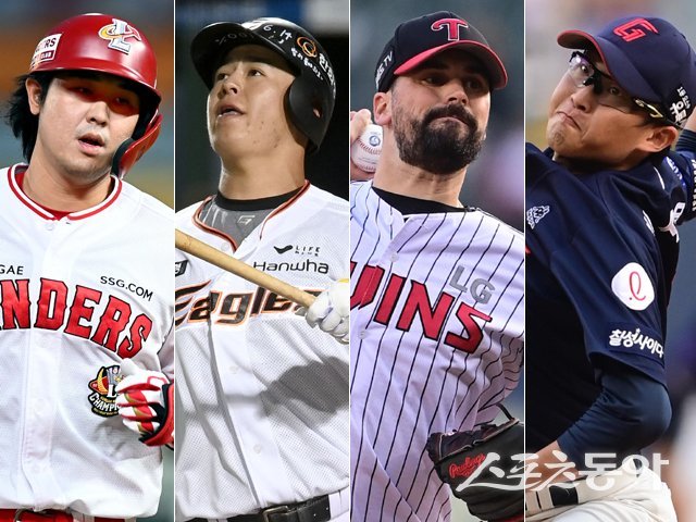 SSG 최정, 한화 노시환, LG 플럿코, 롯데 박세웅(왼쪽부터). 스포츠동아DB