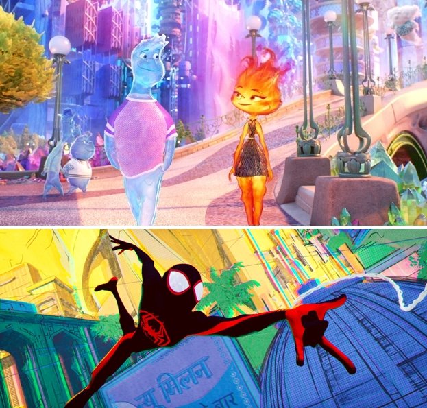 ‘엘리멘탈’은 웃고, ‘스파이더맨: 어크로스 더 유니버스’는 울었다. 애니메이션 영화 ‘엘리멘탈’(위)과 ‘스파이더맨: 어크로스 더 유니버스’가 엇갈린 국내 흥행 성적표를 받았다. 사진제공|월트디즈니컴퍼니 코리아·소니픽쳐스 코리아