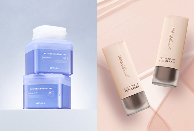 메디힐 ‘워터마이드 속보습 패드’(왼쪽)와 메이크힐 ‘원피엘 톤업 선크림’. 사진제공|엘앤피코스메틱