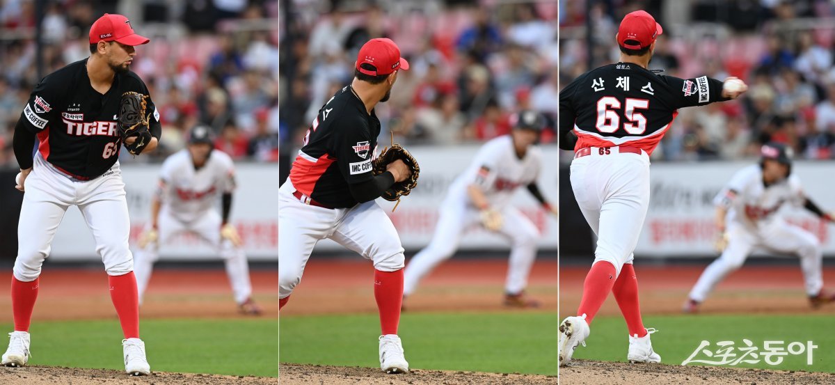 9일 경기도 수원 kt위즈파크에서 ‘2023 신한은행 SOL KBO리그‘ kt 위즈와 KIA 타이거즈의 경기가 열렸다. 6회마 2사 1루에서 KIA 선발 산체스가 특이하게 1루로 견제하고 있다. 수원 | 김민성 기자 marineboy@donga.com