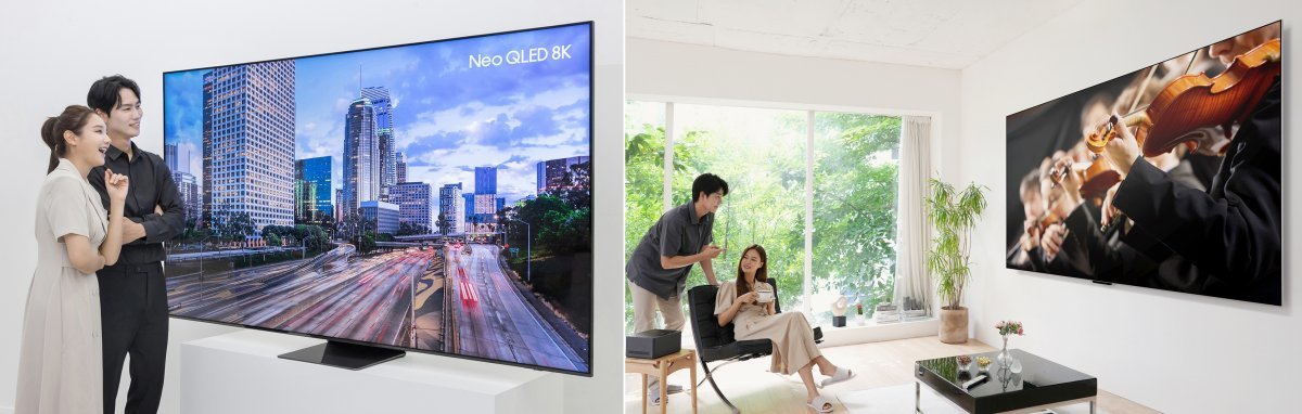 삼성전자 ‘네오 QLED 8K’(QNC990·왼쪽)와 LG전자 ‘LG 시그니처 올레드M’(97M3).  사진제공｜삼성전자·LG전자