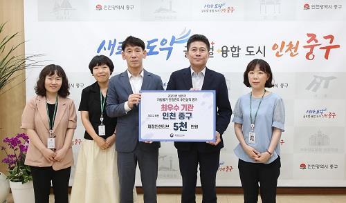 김정헌 중구청장(오른쪽 두 번째)이 행안부 지방물가 안정관리 평가 ‘최우수’에 선정돼 관련 부서원들과 기념촬영을 하고 있다. 사진제공|중구청