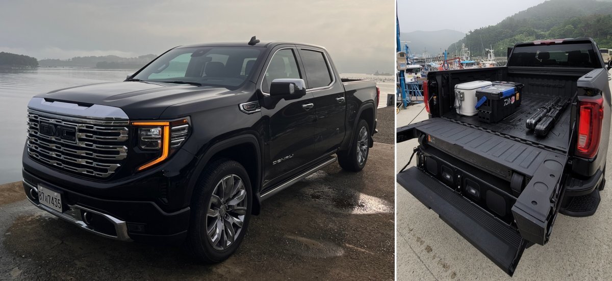 GMC 시에라는 6.2리터 8기통 자연흡기 직분사 엔진이 만들어내는 여유로운 출력과 놀라운 연비, 뛰어난 공간 활용성과 독보적인
트레일러링 기능을 통해 장거리 레저 여행의 즐거움을 극대화해준다.오른쪽 사진은 사용 목적에 따라 6가지로 변형해 사용할 수
있는 6펑션 멀티프로 테일게이트. 원성열 기자 sereno@donga.com