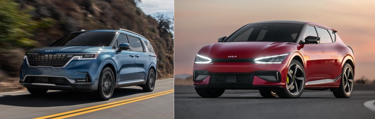 제이디파워가 발표한 ‘2023 상품성 만족도 조사’에서 미니밴 차급 1위에 오른 기아 카니발(왼쪽)과 준중형 SUV 차급 1위에 오른 EV6. 사진제공｜기아