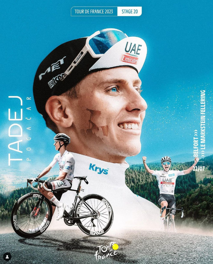 20번째 스테이지에서 우승하며 자존심을 지킨 타데이 포가차르. 트루 드 프랑스 소셜미디어 캡처.