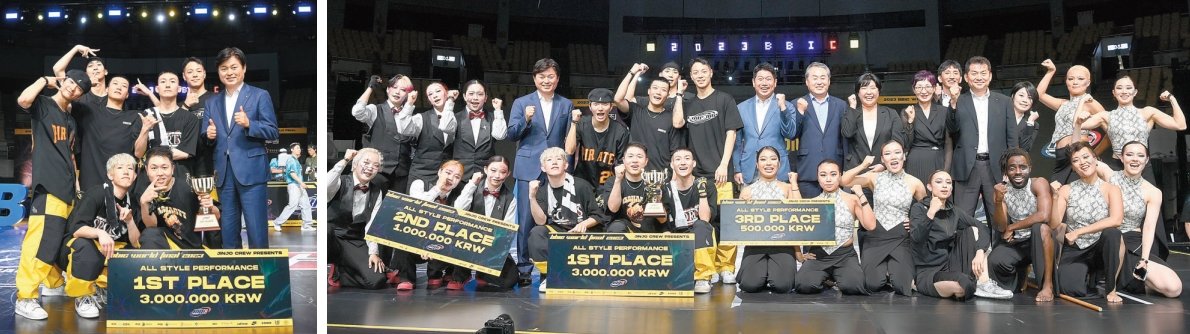 지난 22∼23일 경기도 부천시 부천실내체육관에서 열린 ‘제8회 부천세계비보이대회’ 올스타일 퍼포먼스에서 우승을 차지한 ‘한야’가 기념촬영을 하고 있다.(왼쪽) ‘제8회 부천세계비보이대회’에는 전 세계 24개국 1000여 명의 댄서들과 관객들이 참여했다. 이번 대회에 참가한 선수들이 포즈를
취하고 있다. 브레이킹은 항저우 아시안게임과 파리 올림픽 정식종목으로 채택됐다. 사진제공 l BBIC