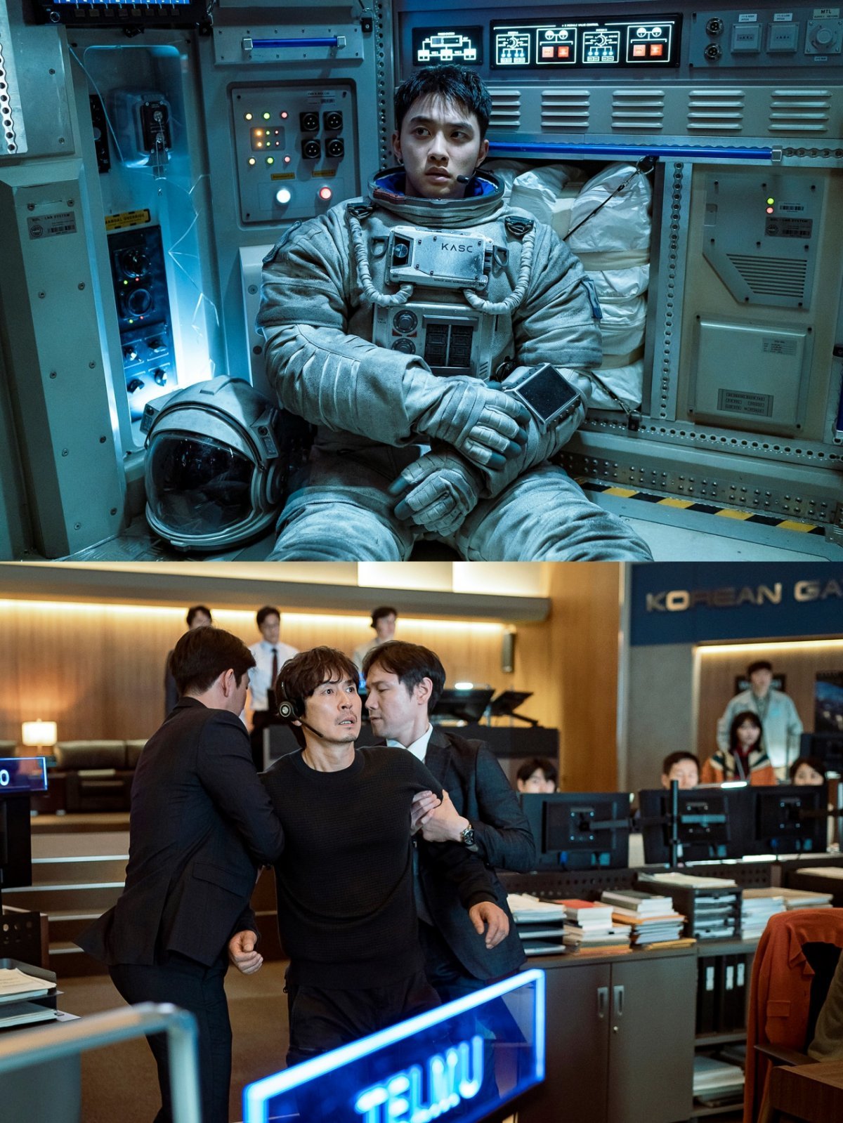 도경수와 설경구(위부터)가 주연한 ‘더 문’. 두 사람의 브로맨스가 관전 포인트 중 하나다. 사진제공|CJ ENM