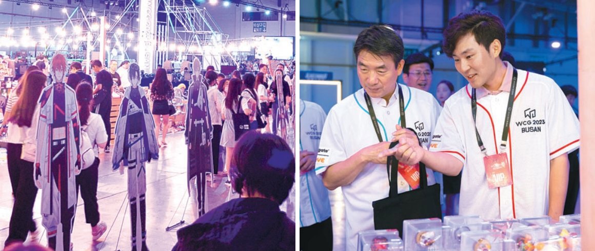 레트로 장터 등 콘텐츠를 즐기는 관람객들. 안병윤 부산광역시 행정부시장과 행사장을 둘러보고 있는 송광준 빅픽처 대표(오른쪽 사진 오른쪽).