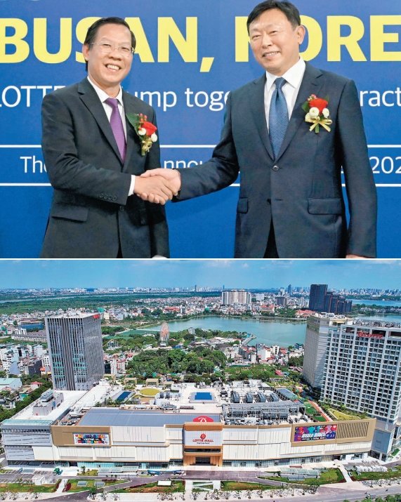 롯데가 베트남 시장 공략에 박차를 가하고 있다. 지난해 9월 베트남 호찌민 ‘투티엠 에코스마트시티’ 착공식에서 판 반 마이
호찌민시 인민위원장과 기념 촬영을 하고 있는 신동빈 롯데 회장(위 사진 오른쪽)과 최근 프리 오픈한 롯데몰 웨스트레이크 하노이
전경. 사진제공|롯데