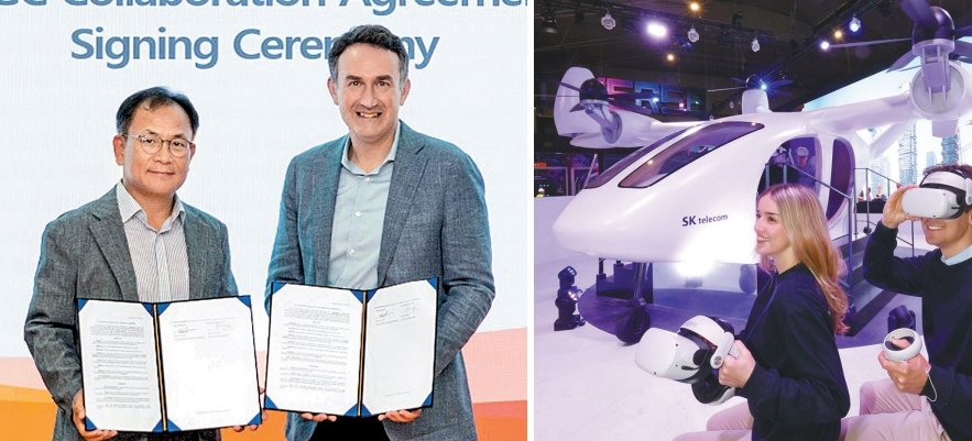 UAM 상용화를 위한 협력 계약을 체결한 하민용 SK텔레콤 CDO(왼쪽)와 에릭 앨리슨 조비 부사장. 오른쪽 사진은 조비 에비에이션의 기체를 기반으로 제작한 실물 크기 UAM 모형. 사진제공｜SK텔레콤·스포츠동아DB