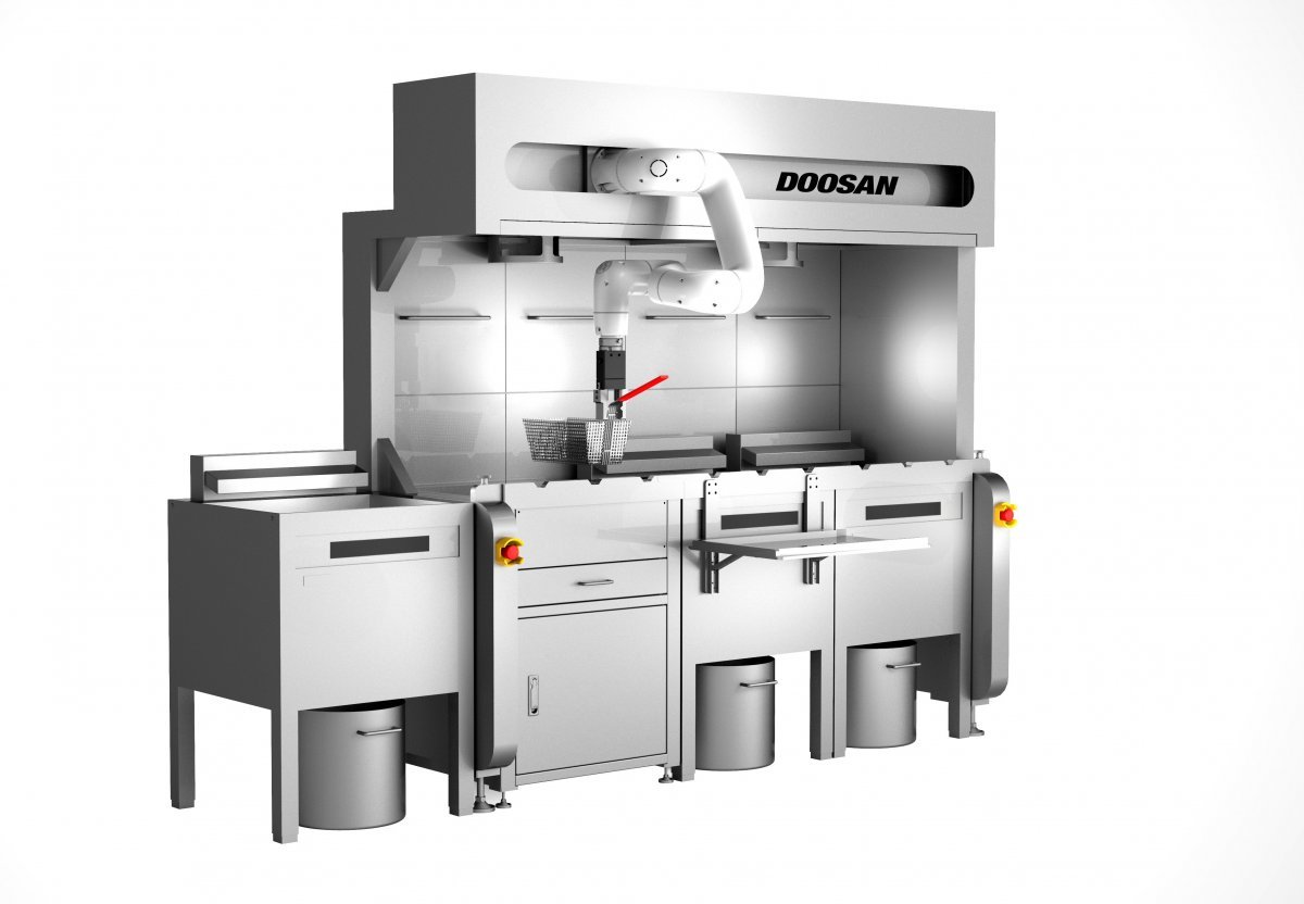 두산로보틱스 협동로봇 튀김 솔루션 랜더링 이미지. 시간당 최대 24마리의 치킨을 튀길 수 있어 생산성이 높다.사진제공|두산로보틱스