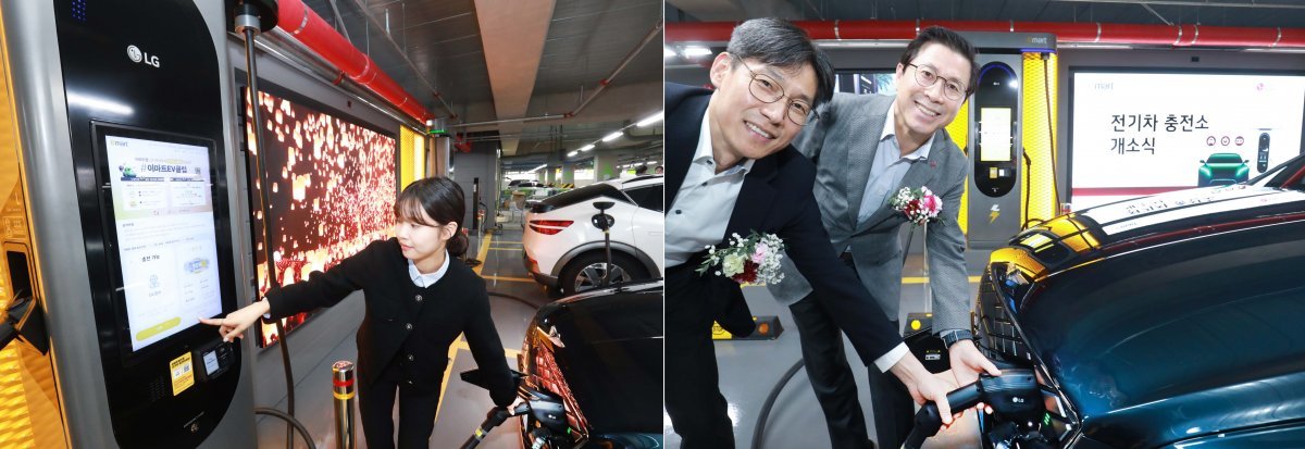 LG전자가 국내 대형 유통업체 이마트와 손잡고 전기차 충전소 구축에 나선다. 트레이더스 홀세일 클럽에 마련된 전기차 충전소(왼쪽 사진), 장익환 LG전자 BS사업본부장(오른쪽)과 최진일 이마트 마케팅 담당. 사진제공|LG전자