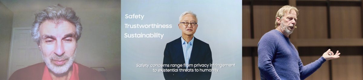 기조 강연을 하는 캐나다 몬트리올 대학교 요슈아 벤지오 교수, 개회사를 하는 삼성전자 경계현 대표이사 사장, 기조 강연을 하는 캐나다 AI 반도체 스타트업 텐스토렌트 CEO 짐 켈러(왼쪽부터). 사진제공｜삼성전자