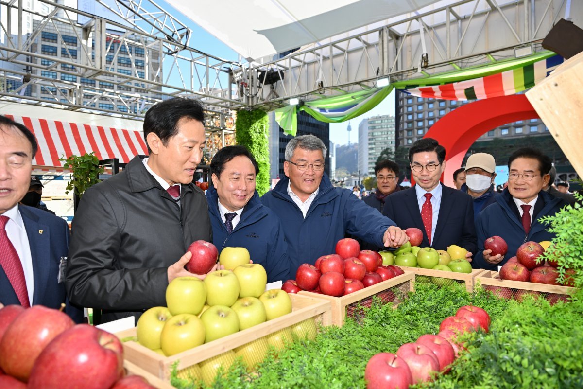 오세훈 서울시장과 권기창 안동시장, 김학동 예천군수, 김광열 영덕군수가 경북사과 홍보행사에 참석했다. 사진제공ㅣ영덕군