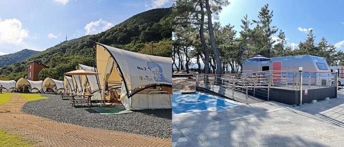 가족친화 야영장 부문의 진주시 월아산 자연휴양림(왼쪽), 무장애 야영장 부문의 연곡해변 솔향기 캠핑장
