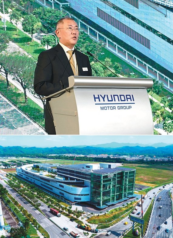 ‘현대차그룹 싱가포르 글로벌 혁신센터(HMGICS)’ 준공식에서 환영사를 하고 있는 정의선 회장(위 사진)과 HMGICS 전경. 사진제공|현대차그룹