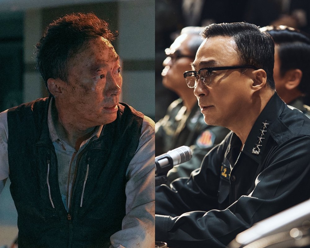 극장과 TV 쌍끌이 흥행에 성공한 배우 이성민. 영화 ‘서울의 봄’에서 그는 육군참모총장 정상호 역(오른쪽)을 맡아 냉청한 면모를
 선보였는가 하면, 드라마 ‘운수 오진 날’에선 택시기사 오택 역으로 소시민 매력을 뽐내고 있다. 사진제공｜티빙·플러스엠