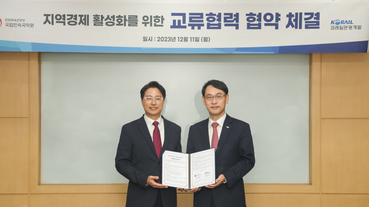 권신일 코레일관광개발 대표이사(오른쪽)와 김중현 국립민속국악원 원장이 협약체결 후 기념 촬영을 하고 있다.
