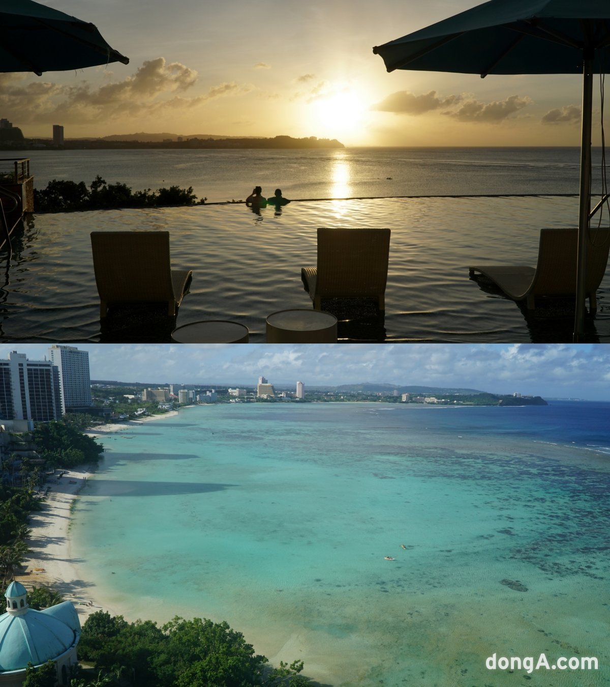 롯데호텔 괌의 야외수영장 인피니티풀에서 바라본 석양. 잔잔한 남태평양의 바다로 저무는 일몰을 감상할 수 있는 로맨틱한 공간으로 
특히 연인들에게 인기가 높다. 아래 사진은 ‘롯데호텔 괌’의 타워윙에서 바라본 투몬비치. 괌｜김재범 기자 oldfield@donga.com