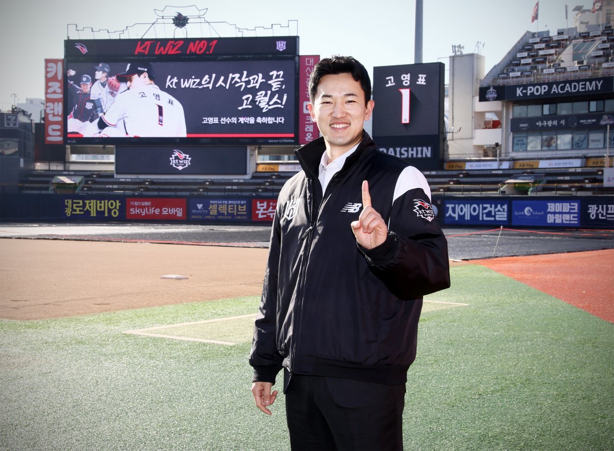 25일 수원KT위즈파크에서 KT와 구단 최초 비FA 다년계약을 맺고 기념사진을 찍는 고영표. 사진제공 | KT 위즈