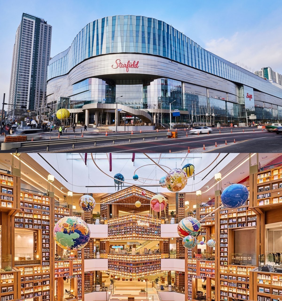 ‘스테이필드’ 콘셉트의 2세대 스타필드인 스타필드 수원이 26일 그랜드 오픈했다. 스타필드 수원 외관(위)과 별마당 도서관 전경. 사진제공|신세계프라퍼티